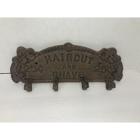Vintage Cast Iron Sign Haircut and Shave 25¢ with 4 Hooks Antique- Heavy - Picture 2 of 5